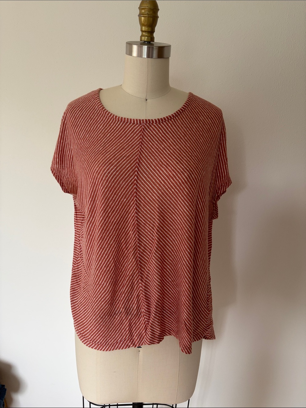 C&C California Rust and Cream Striped Short-Sleeve Pure Linen Tee